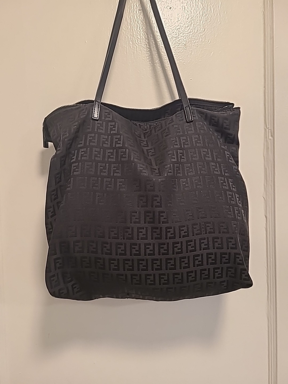 FENDI Black Zucca Nylon  Tote Shoulder Bag Monogram FF Logo Hardware Italy Auth